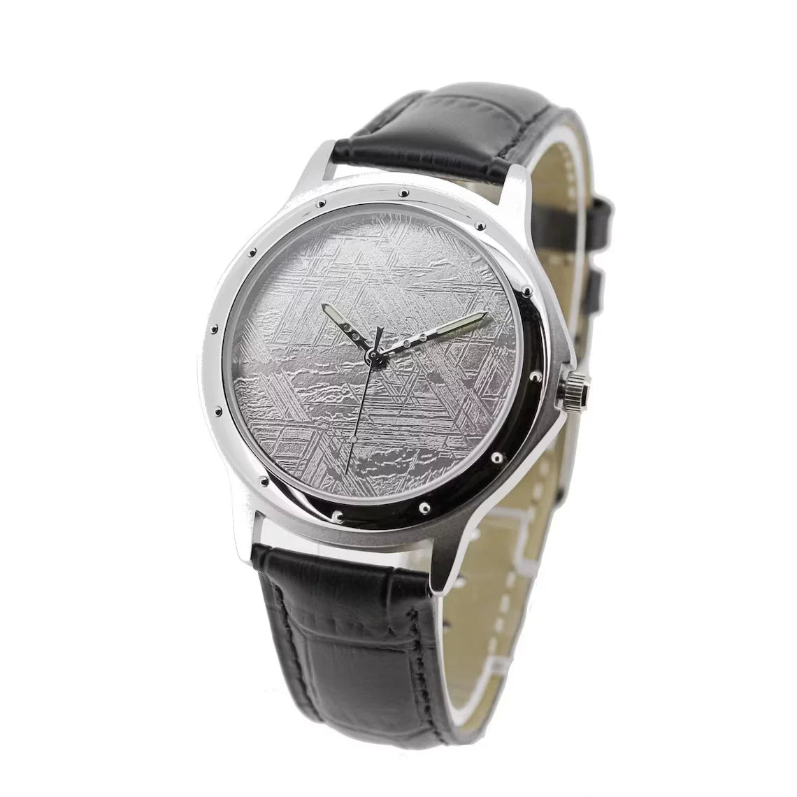 Sophisticated meteorite watch dial, crafted with Muonionalusta meteorite. Genuine meteorite watch, lends unique texture and elegance to this finely crafted watch face