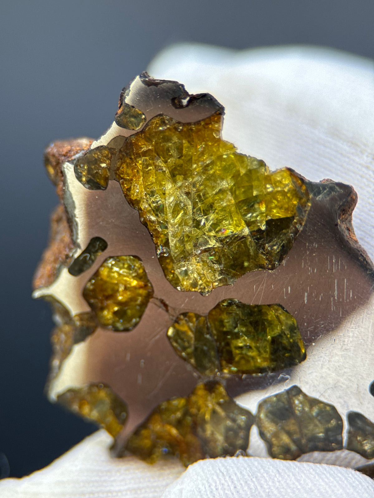 IMILAC PALLASITE METEORITE, END CUT, CHILE. 19,55 GRAMS.