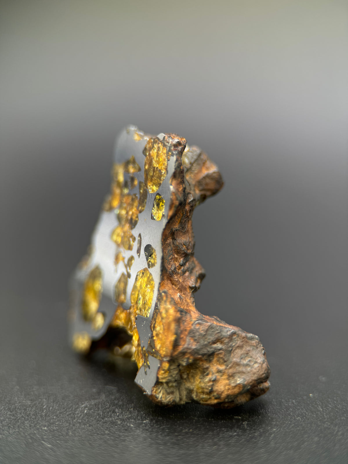 IMILAC PALLASITE METEORITE, END CUT, CHILE. 27,11 GRAMS.