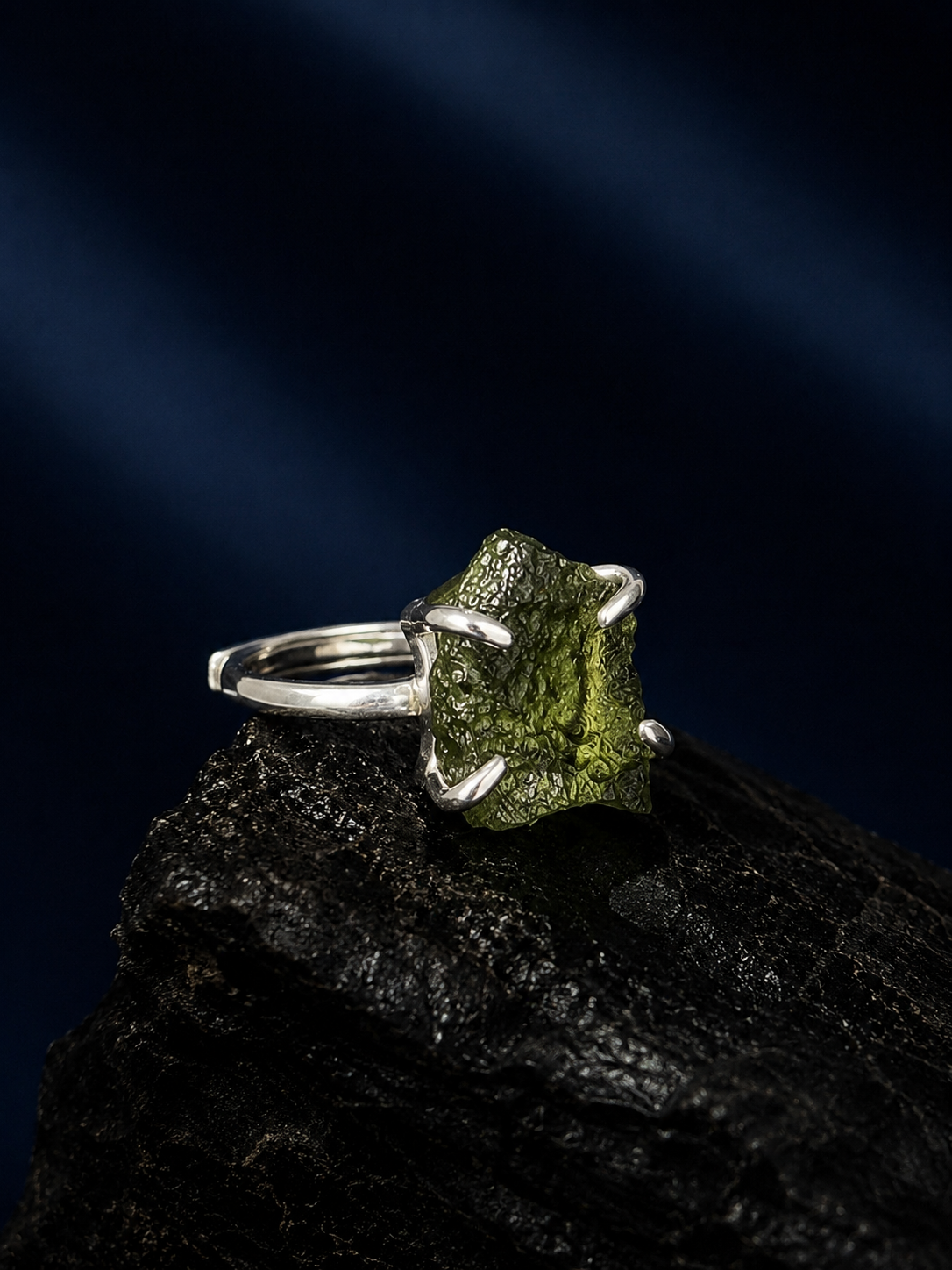 Raw Moldavite ring, silver 925. Adjustable.
