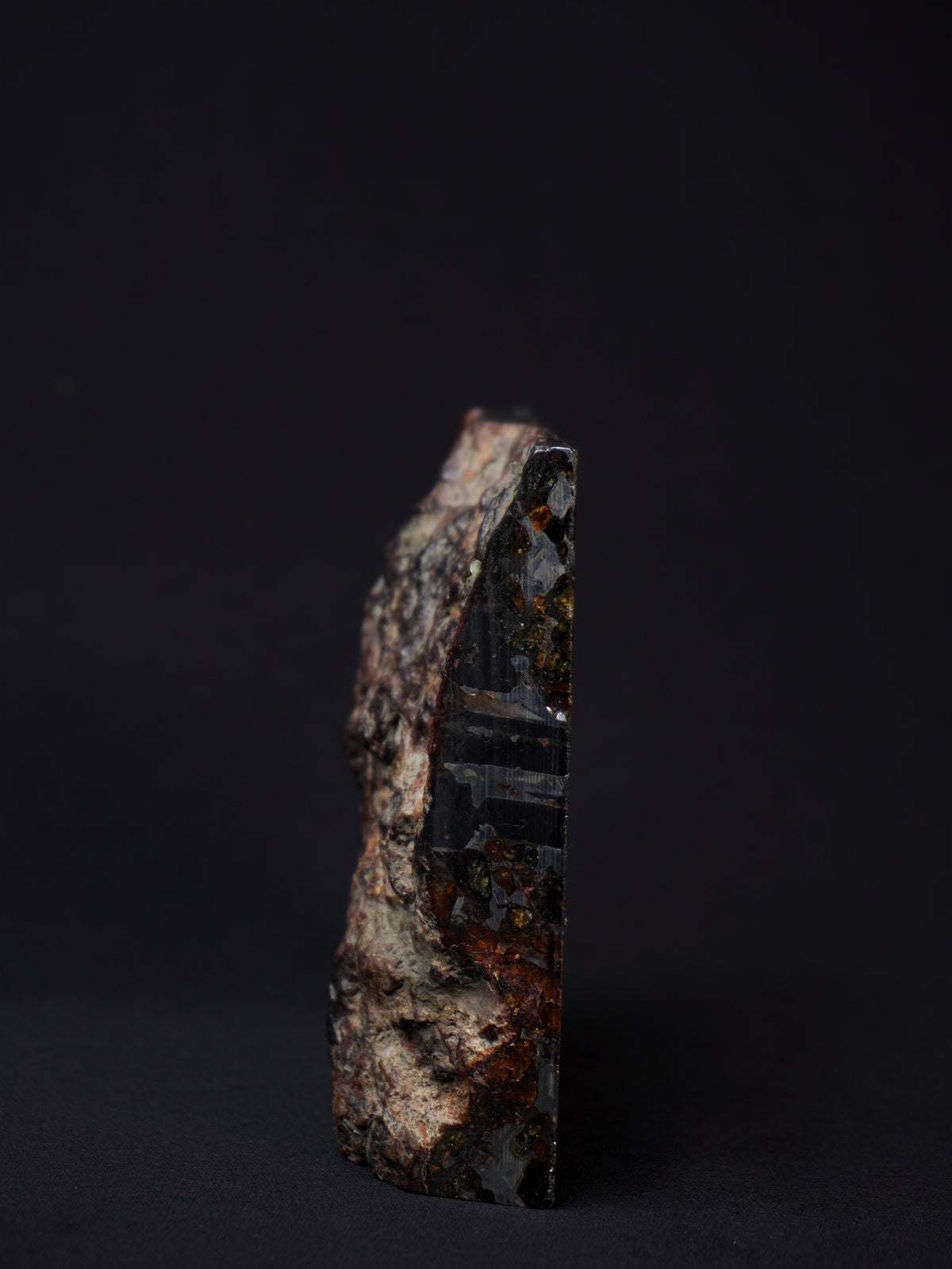Sericho pallasite meteorite, Kenya. 836 grams end-cut.