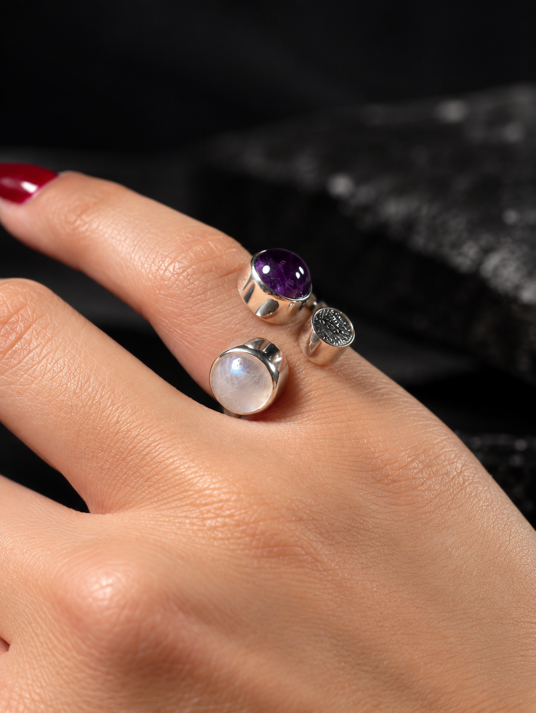 Ring Universe, with Muonionalusta Meteorite, Moonstone and Amethyst
