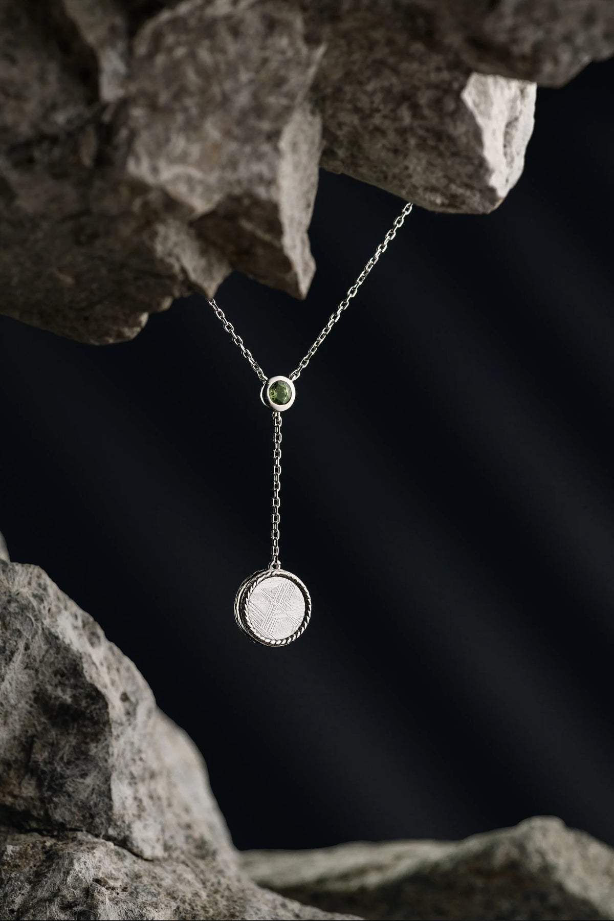 Muonionalusta meteorite and Moldavite pendant, aurora.