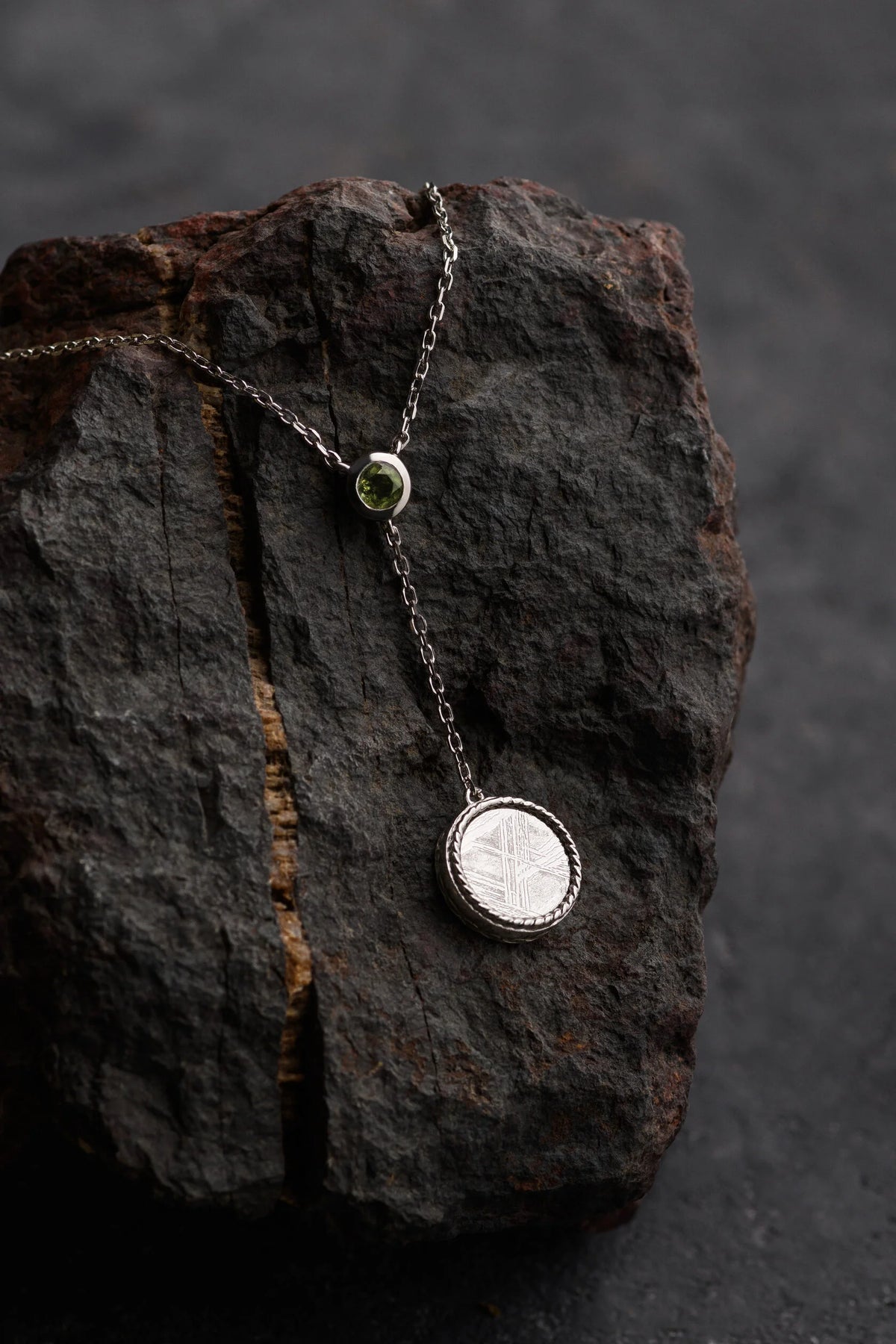 Muonionalusta meteorite and Moldavite pendant, aurora.