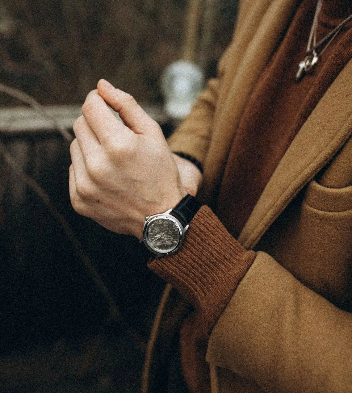 Sophisticated meteorite watch dial, crafted with Muonionalusta meteorite. Genuine meteorite watch, lends unique texture and elegance to this finely crafted watch face