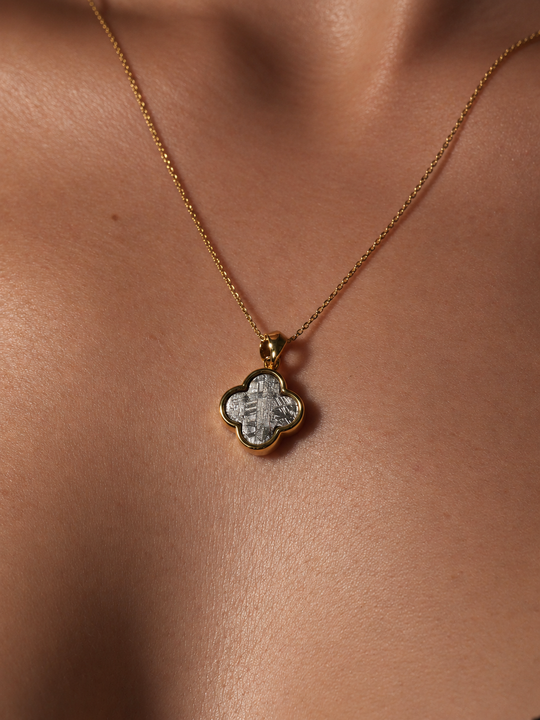 Muonionalusta Meteorite Gold Plated Clover Pendant