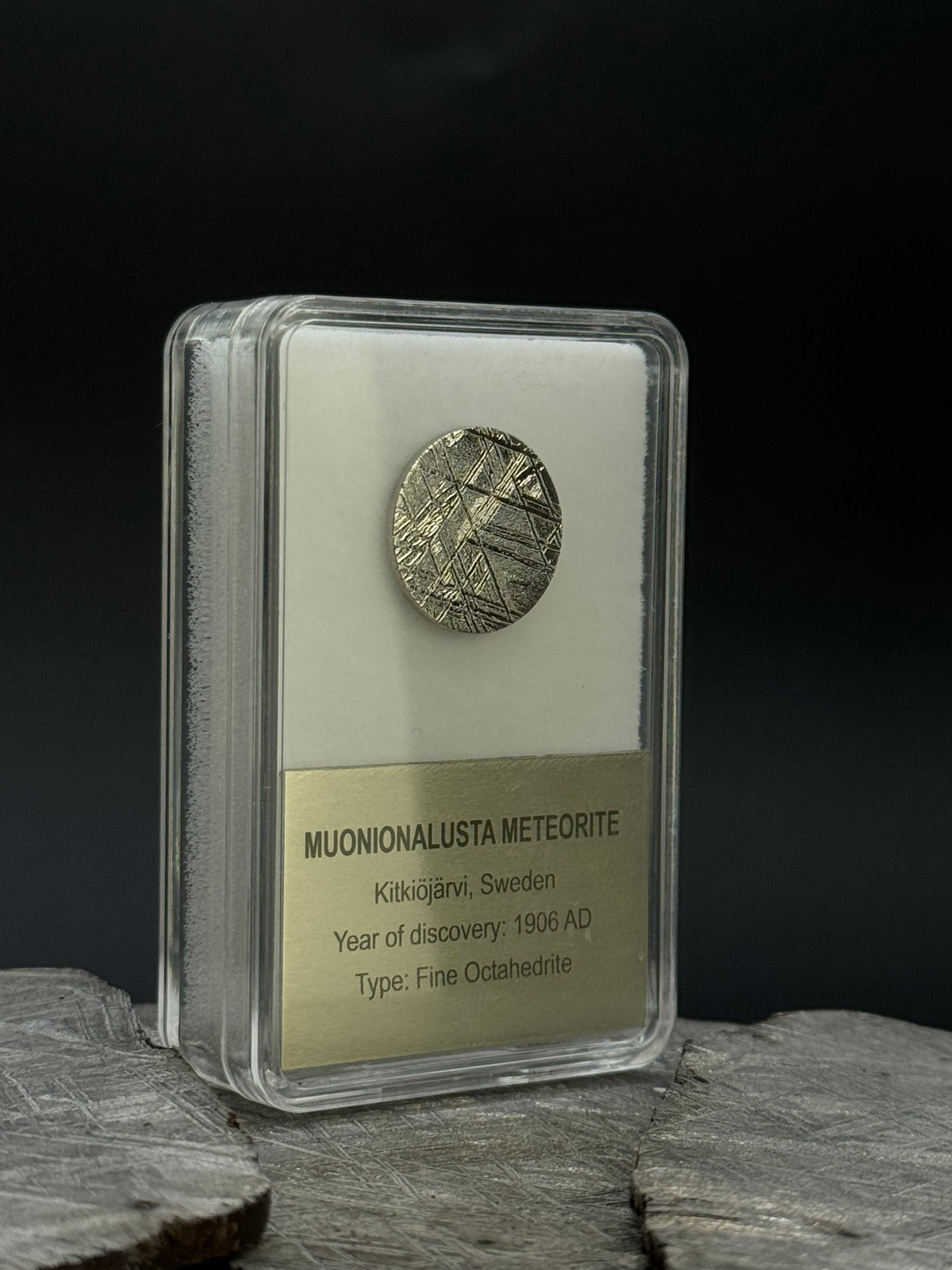 Muonionalusta meteorite, Sweden. Display box. 15mm diameter plate.