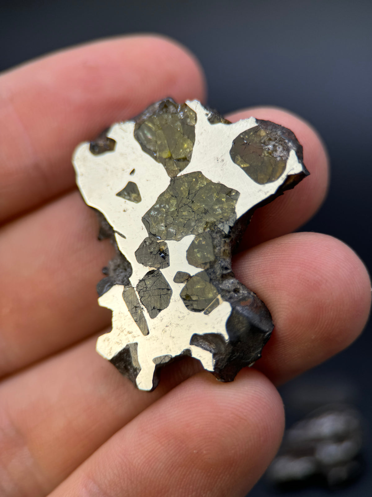 IMILAC PALLASITE METEORITE, CHILE. 12,56 GRAMS SLICE.