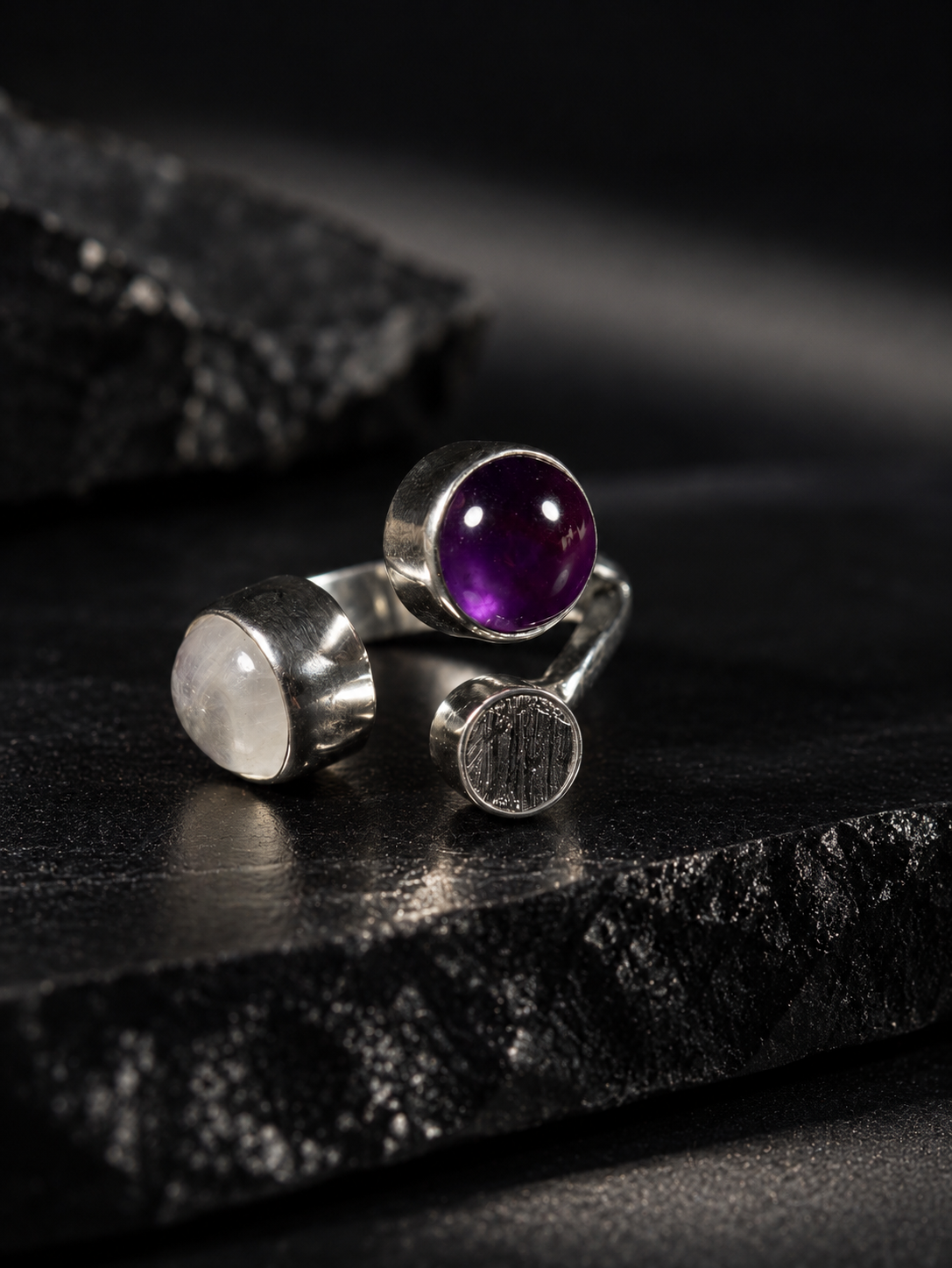 Ring Universe, with Muonionalusta Meteorite, Moonstone and Amethyst
