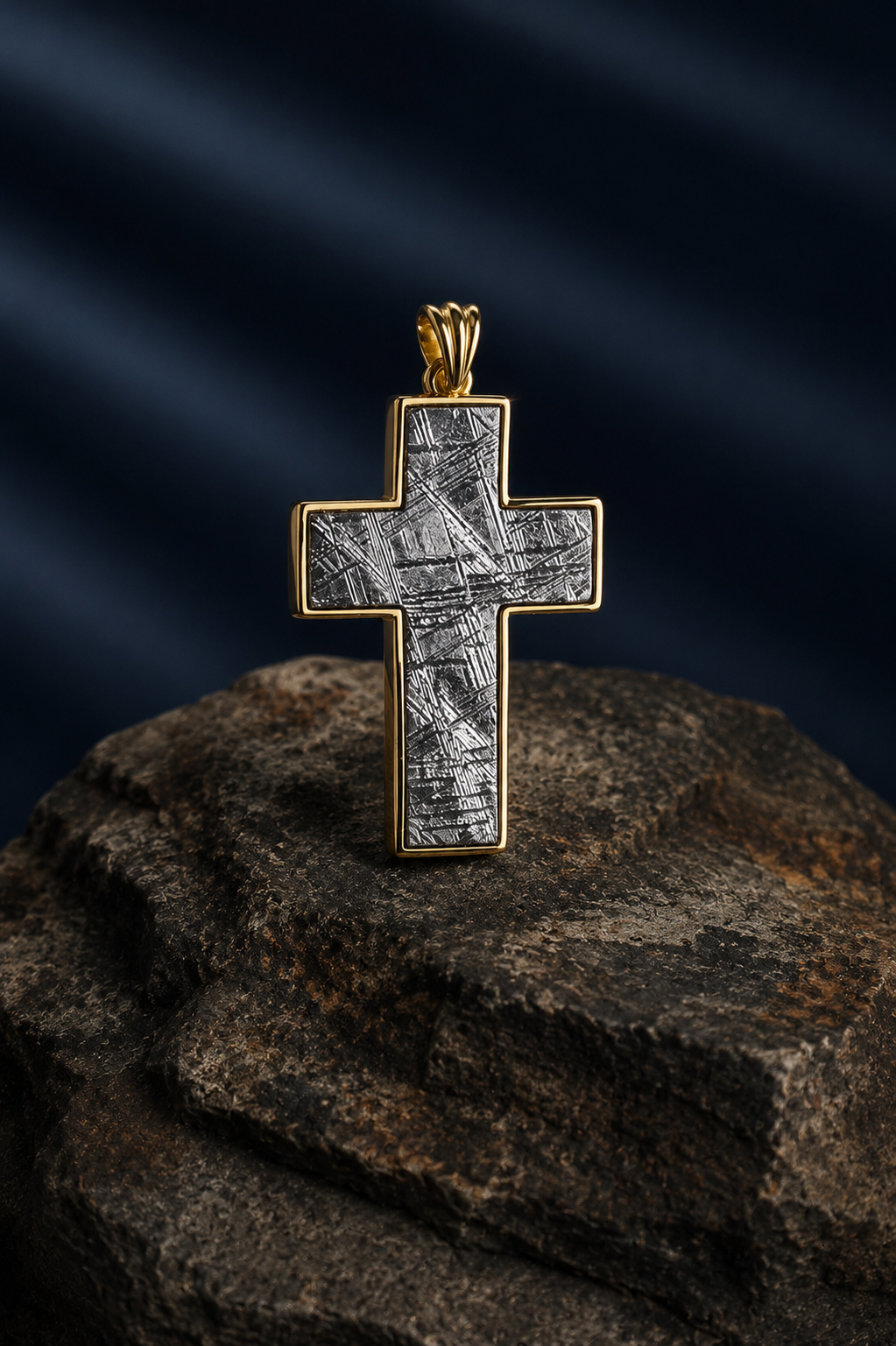 Muonionalusta meteorite cross pendant with silver 925 gold plated frame
