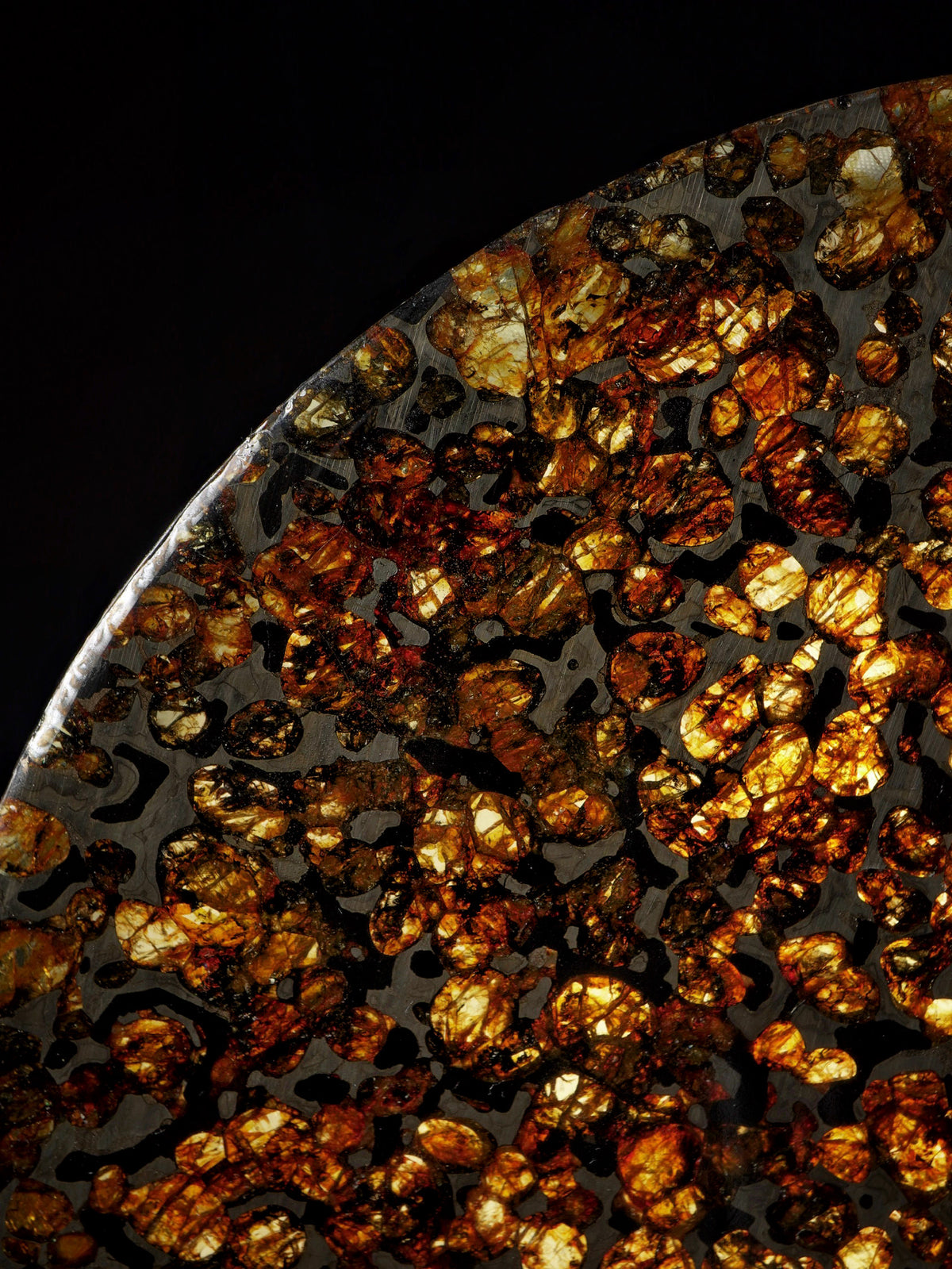 SERICHO PALLASITE METEORITE, KENYA. 286 GRAMS — PERFECTLY ROUND SLICE