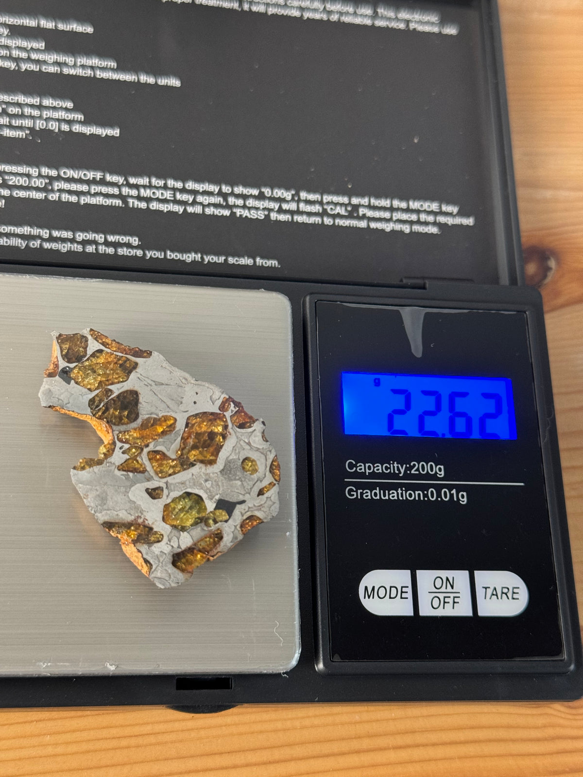 IMILAC PALLASITE METEORITE, END CUT, CHILE. 22,62 GRAMS.