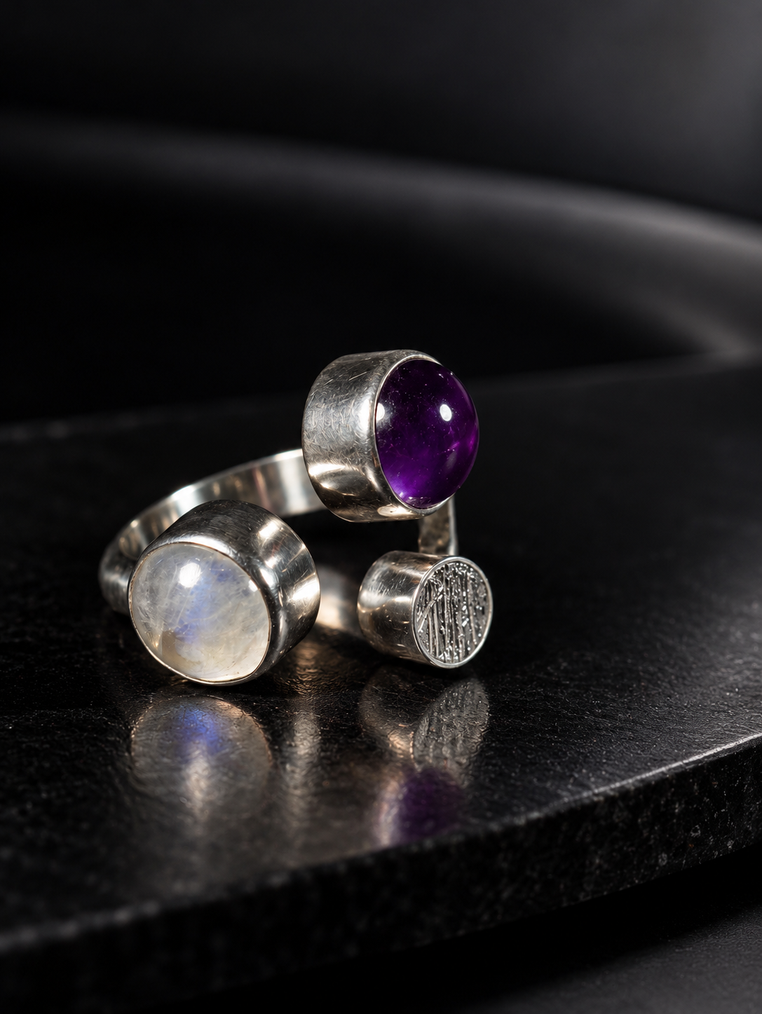 Ring Universe, with Muonionalusta Meteorite, Moonstone and Amethyst