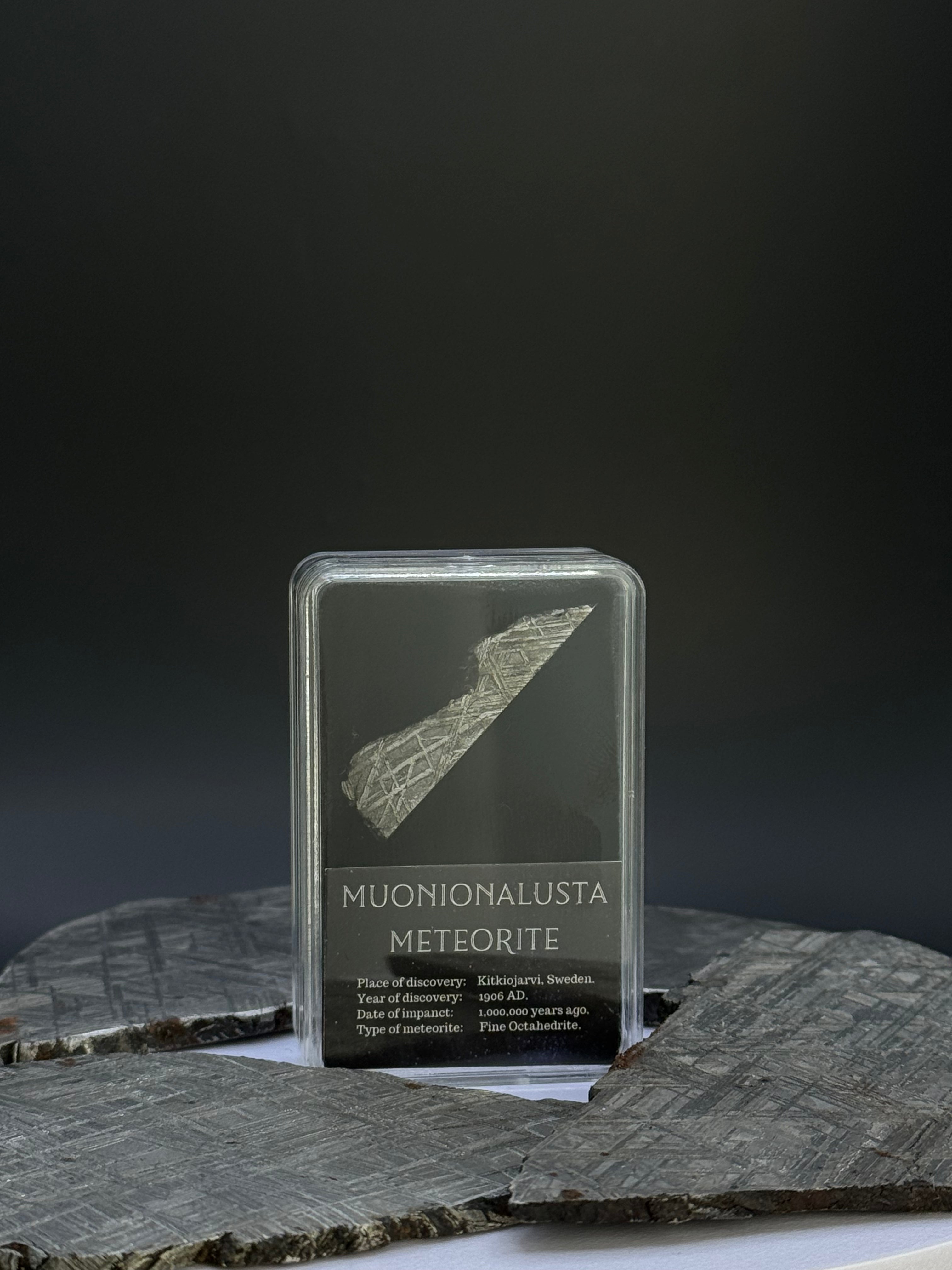 Muonionalusta meteorite, Sweden. 4,5 grams inside of display box.