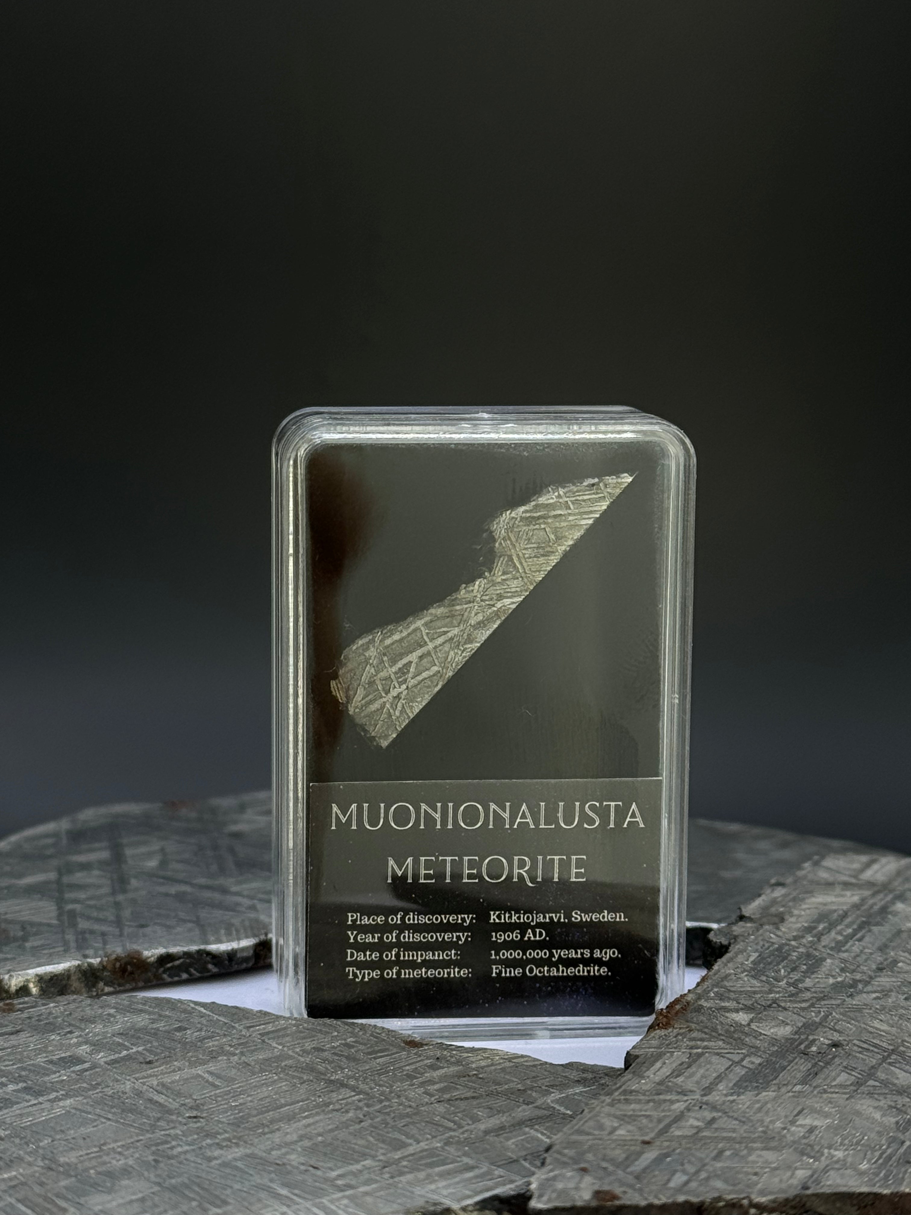 Muonionalusta meteorite, Sweden. 4,5 grams inside of display box.