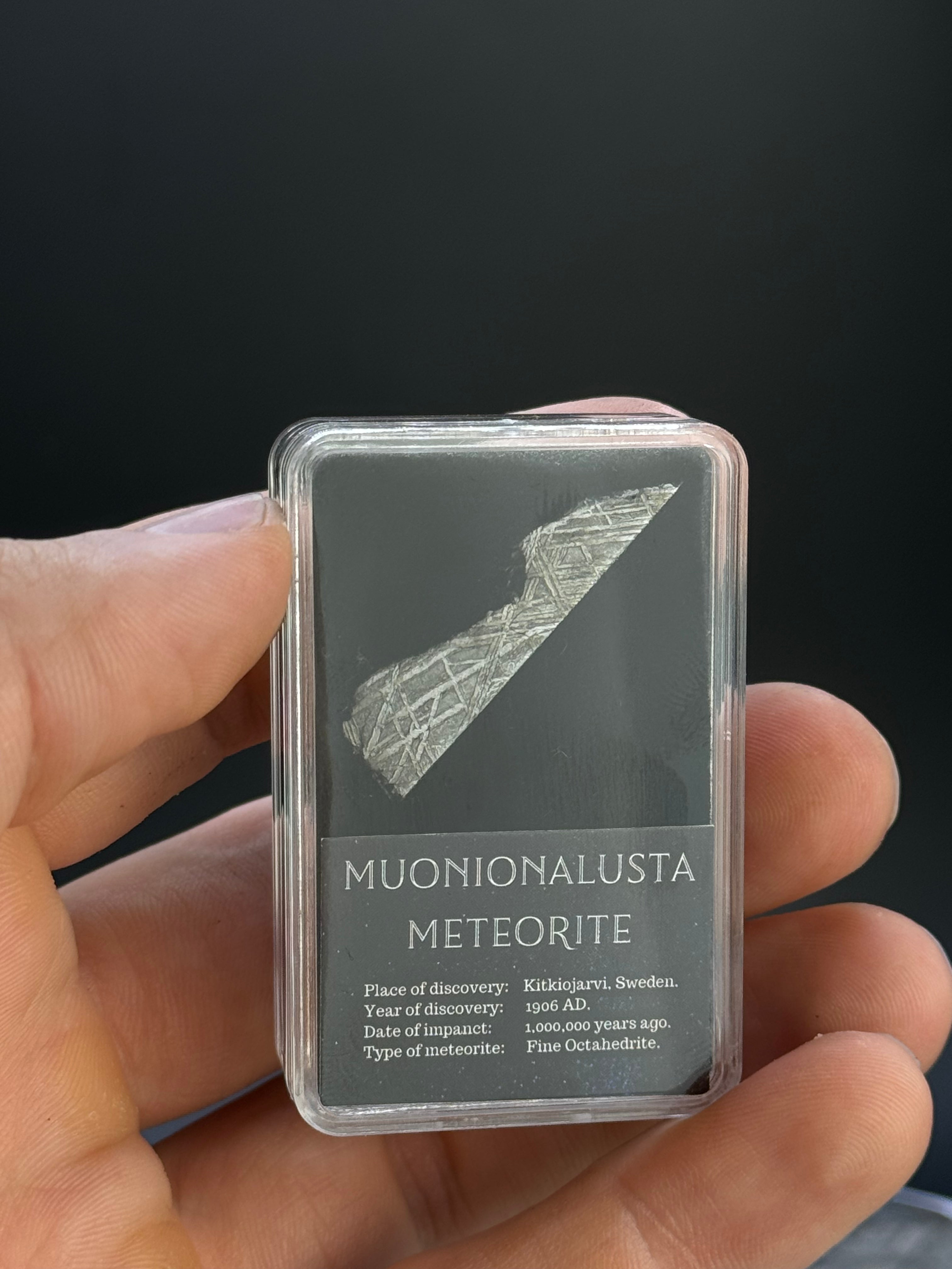 Muonionalusta meteorite, Sweden. 4,5 grams inside of display box.