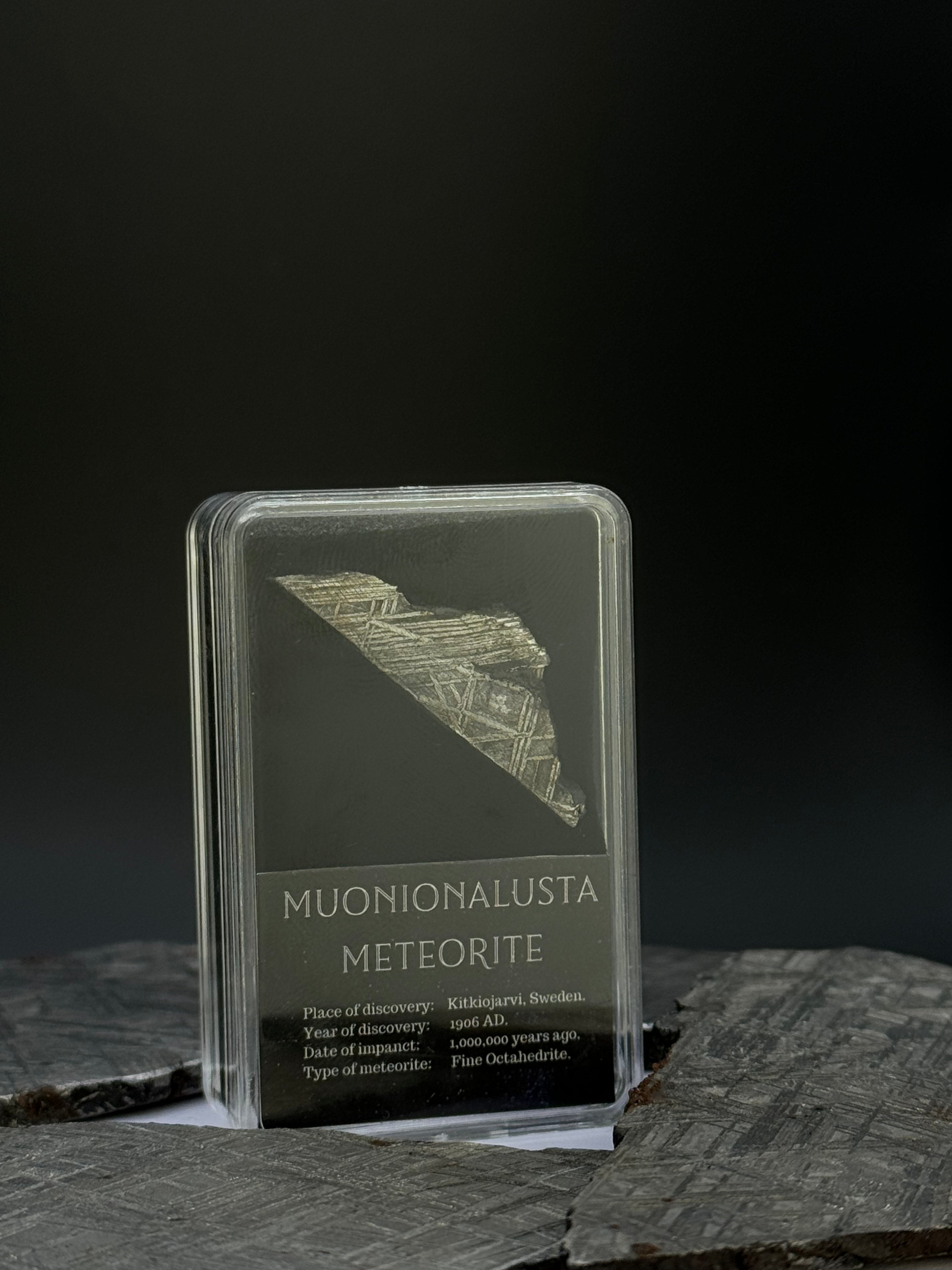 Muonionalusta meteorite, Sweden. 5.3 grams in Display box.