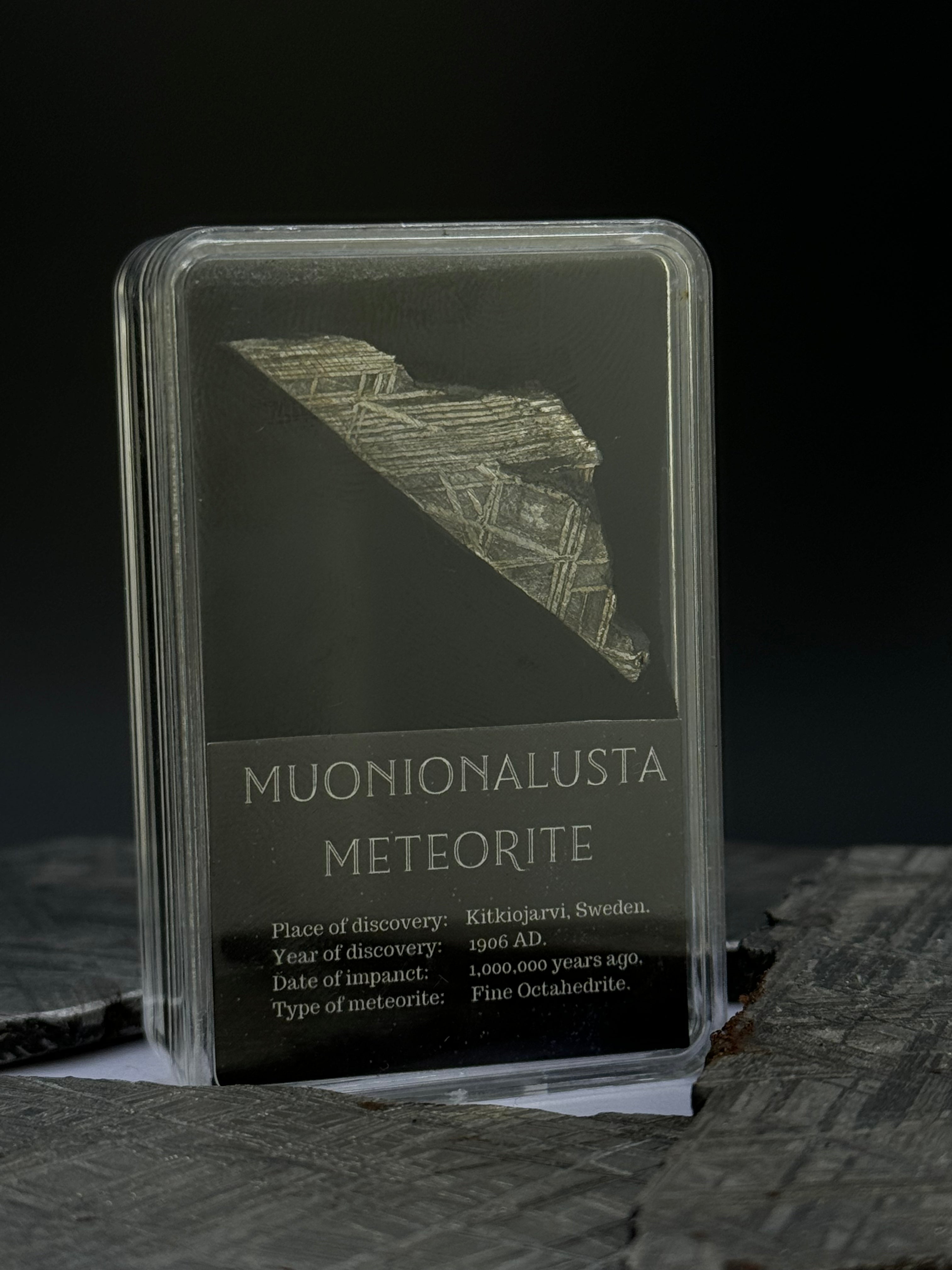 Muonionalusta meteorite, Sweden. 5.3 grams in Display box.