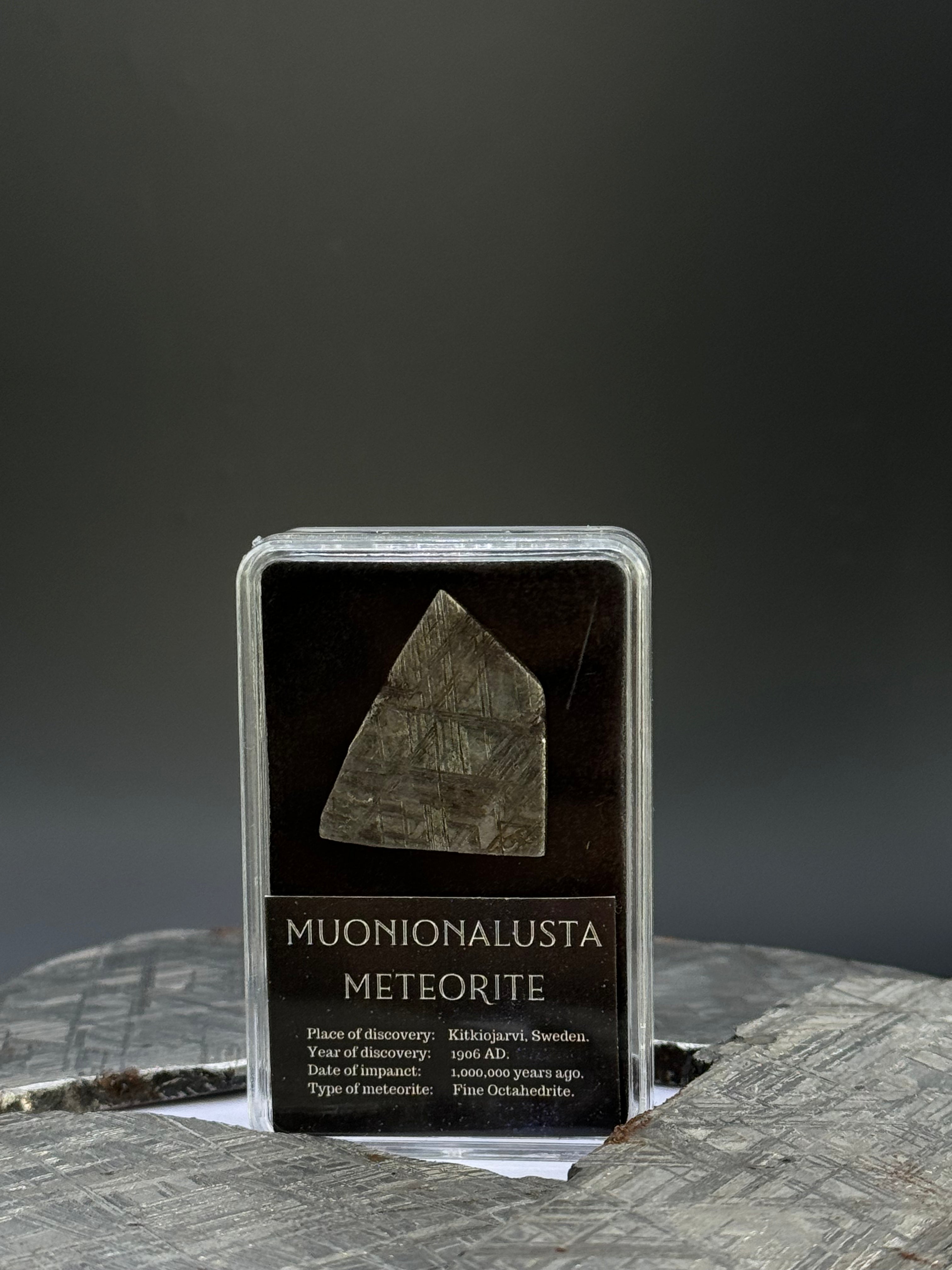 Muonionalusta meteorite, Sweden. 5,22 grams in Display box.