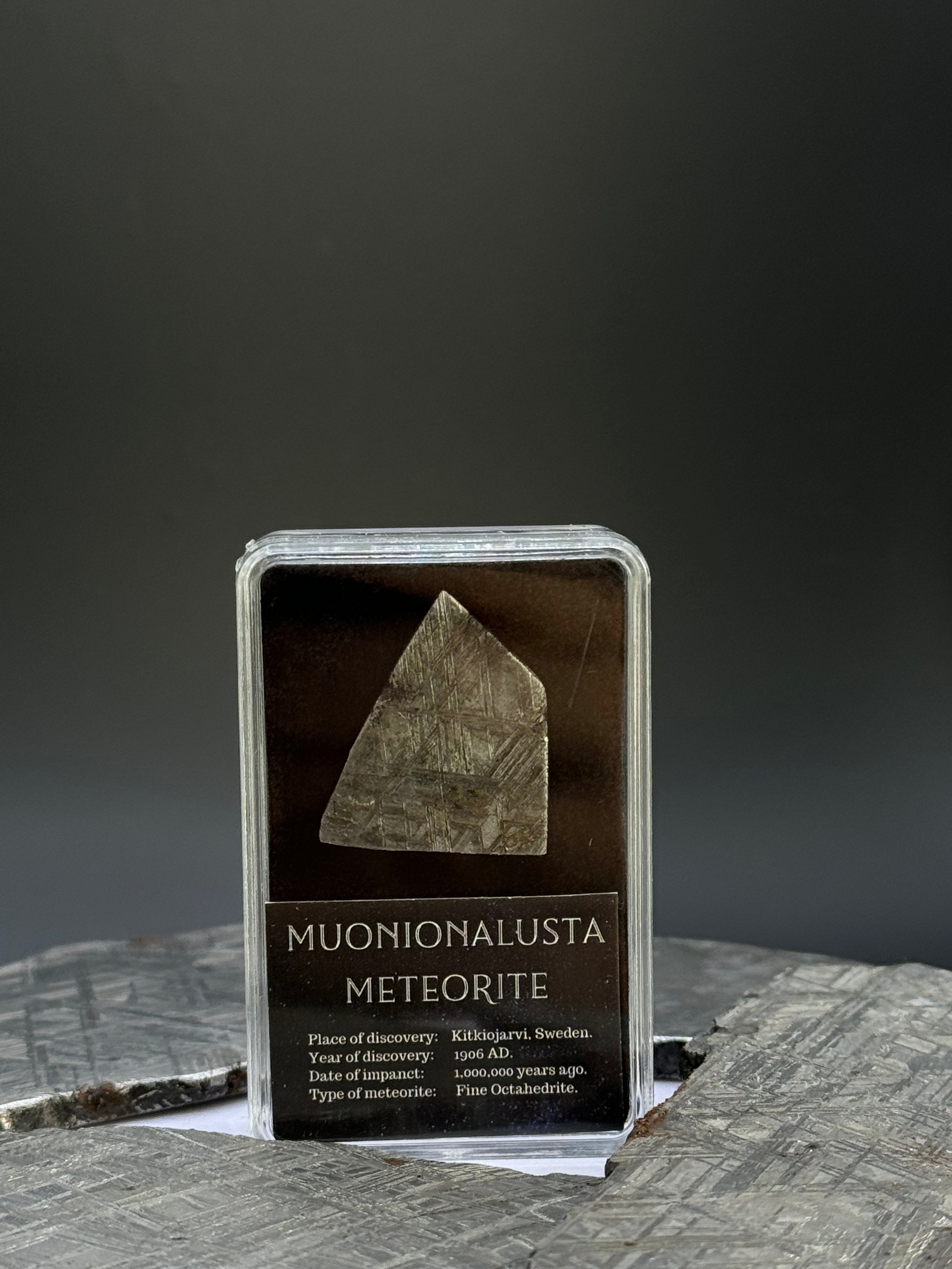 Muonionalusta meteorite, Sweden. 5,22 grams in Display box.