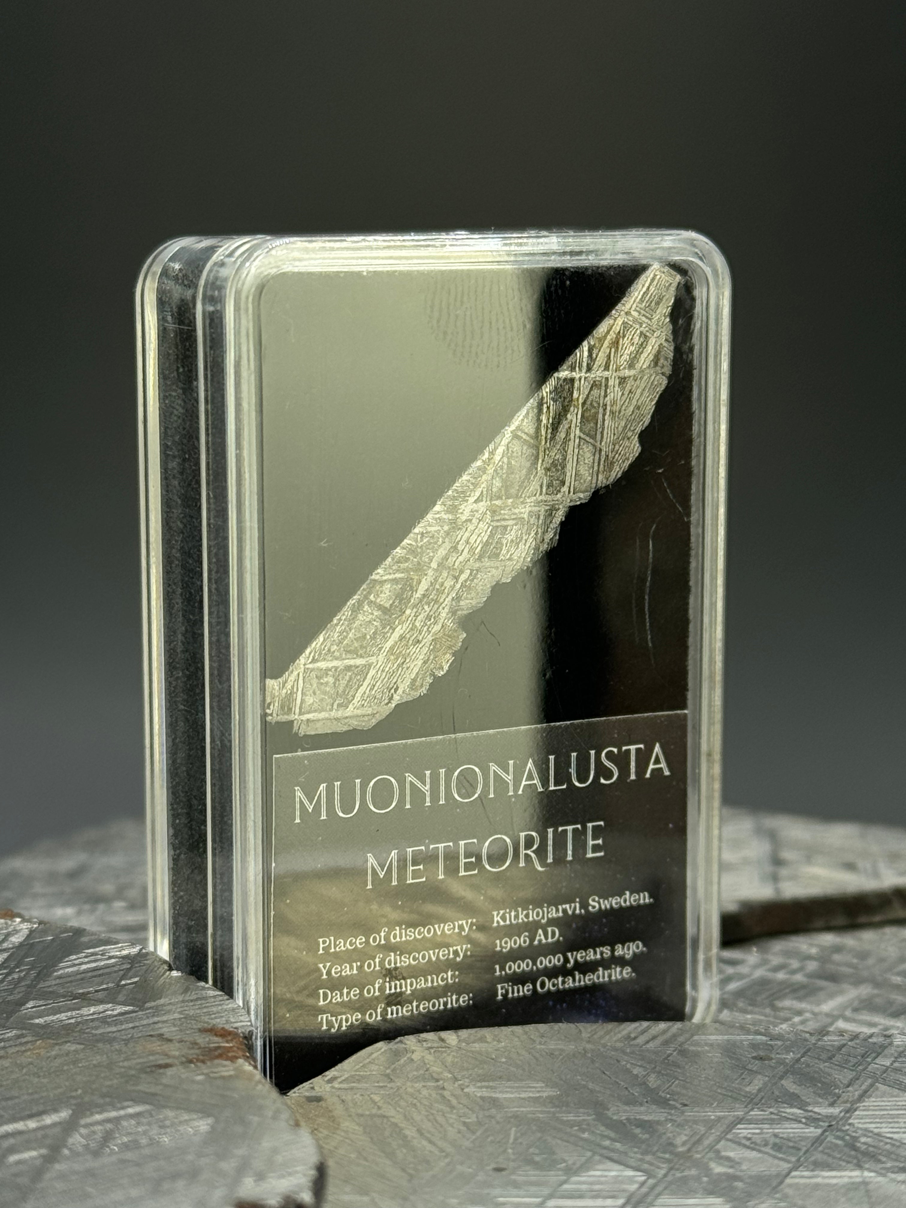 Muonionalusta meteorite, Sweden. 2 grams. Inside of a Display box.