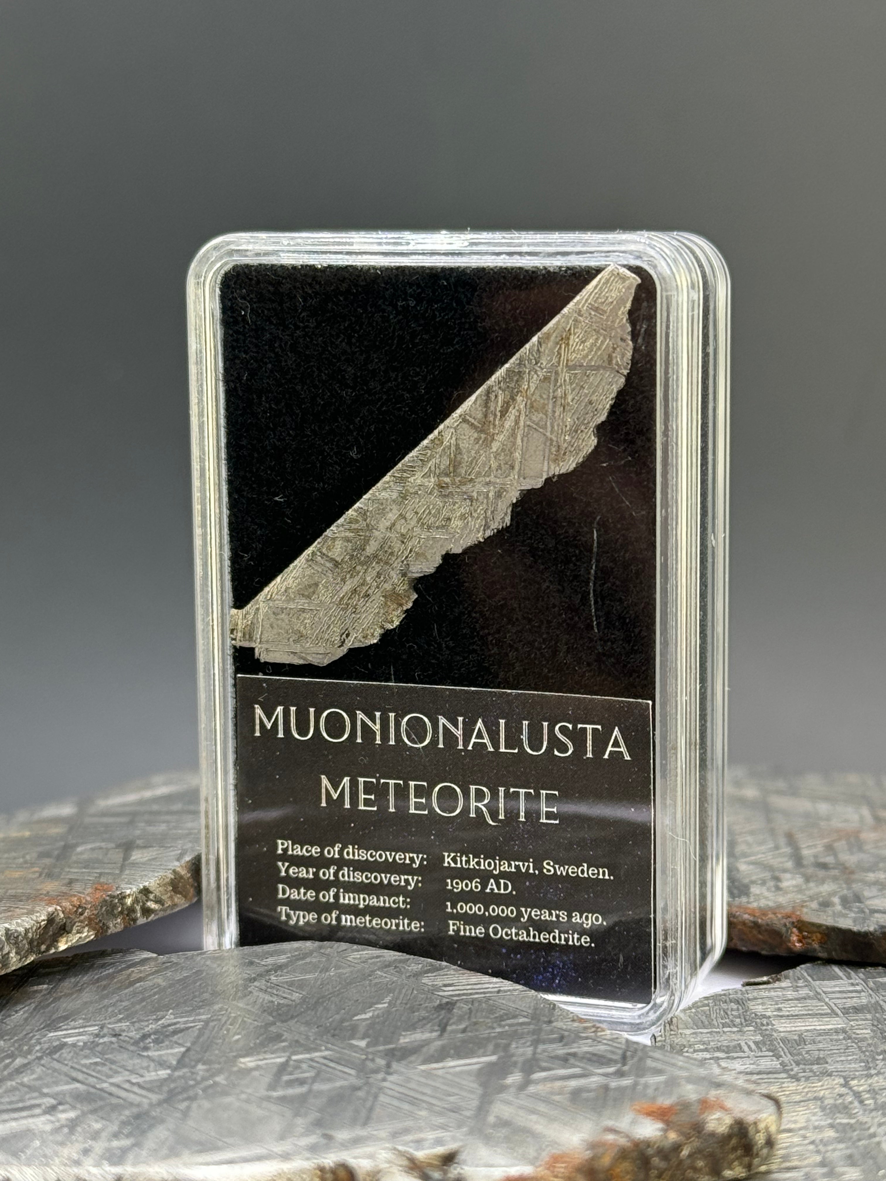 Muonionalusta meteorite, Sweden. 2 grams. Inside of a Display box.