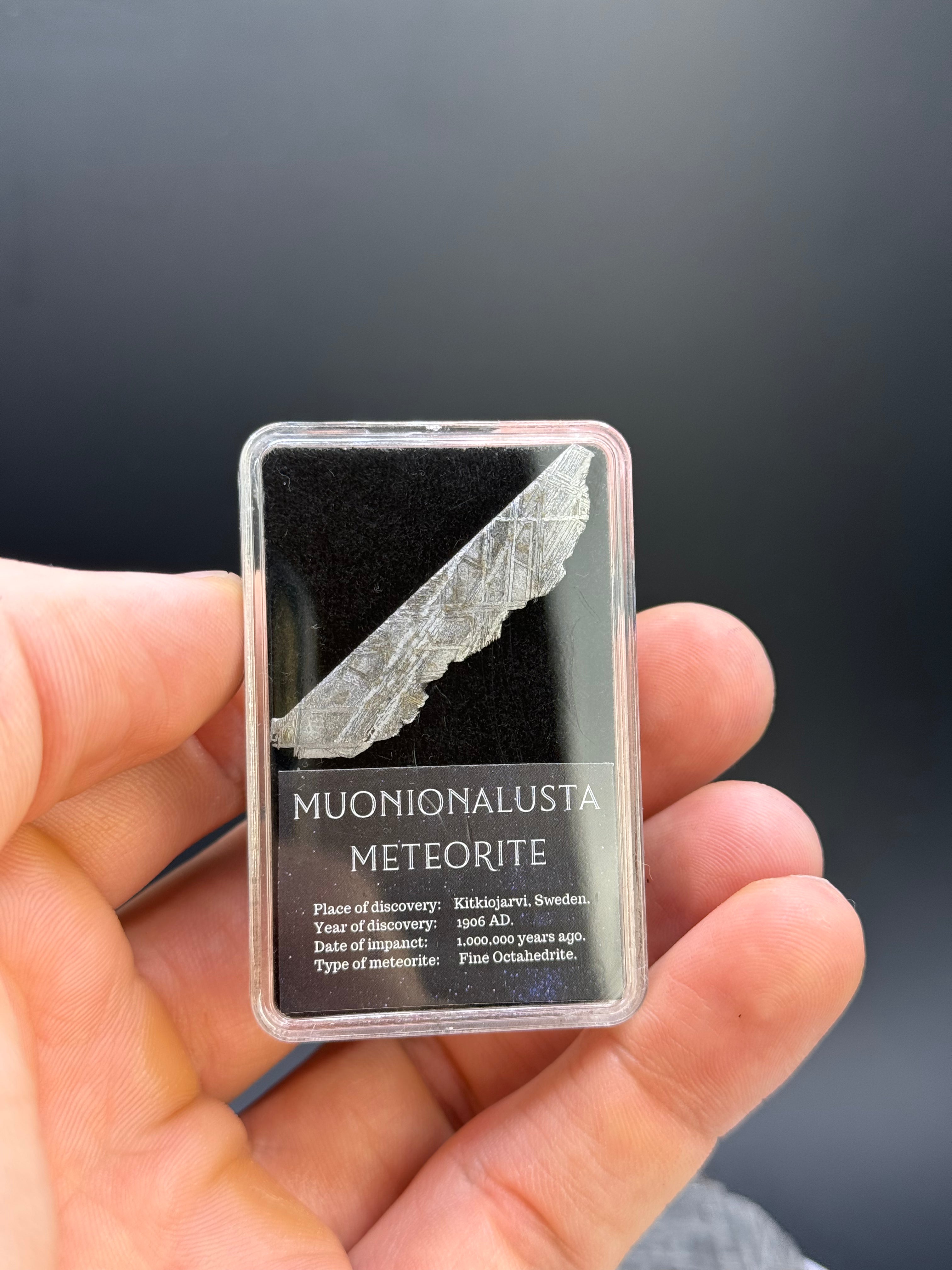 Muonionalusta meteorite, Sweden. 2 grams. Inside of a Display box.