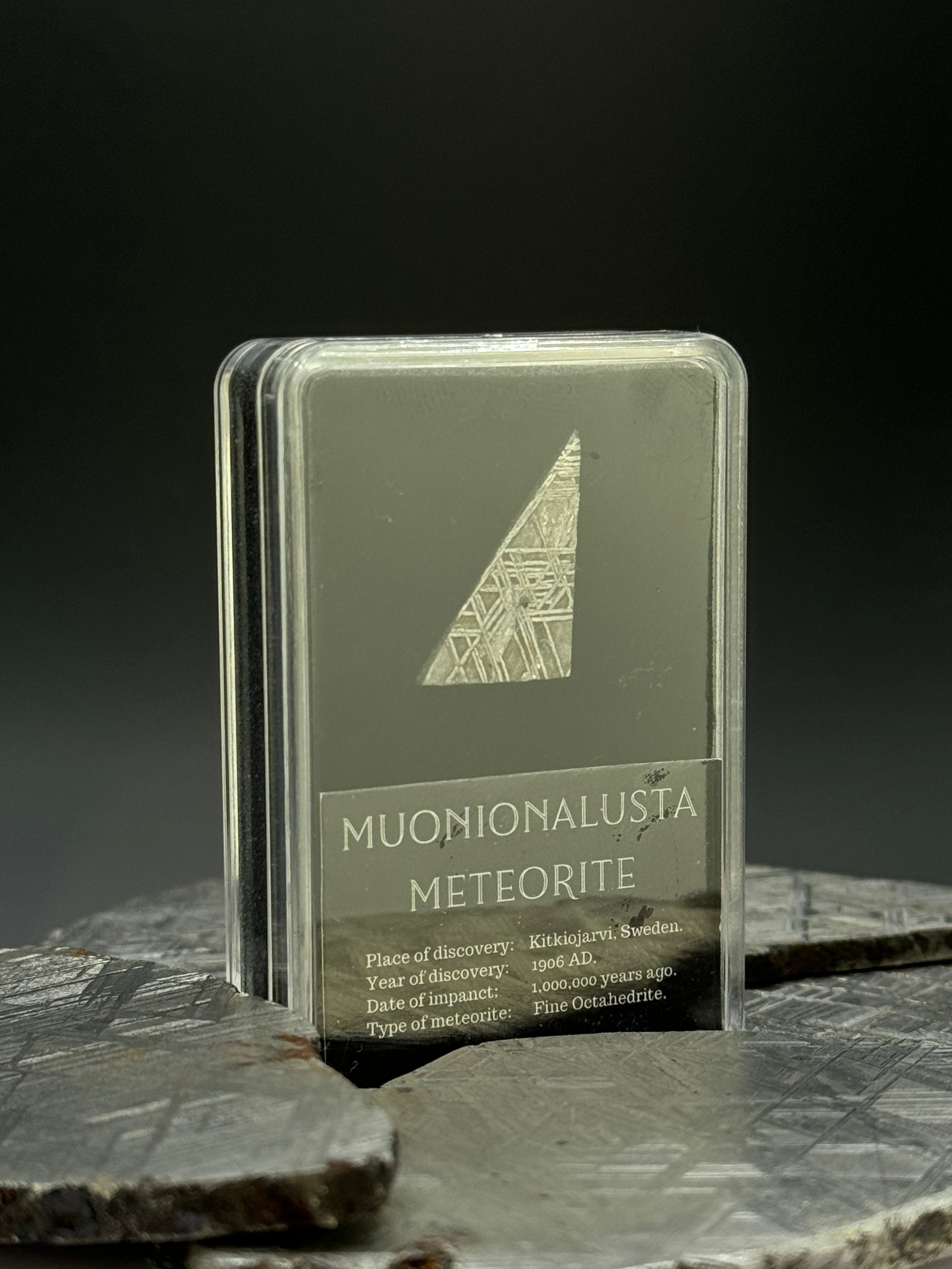 Muonionalusta meteorite, Sweden. 3 grams in Display box.