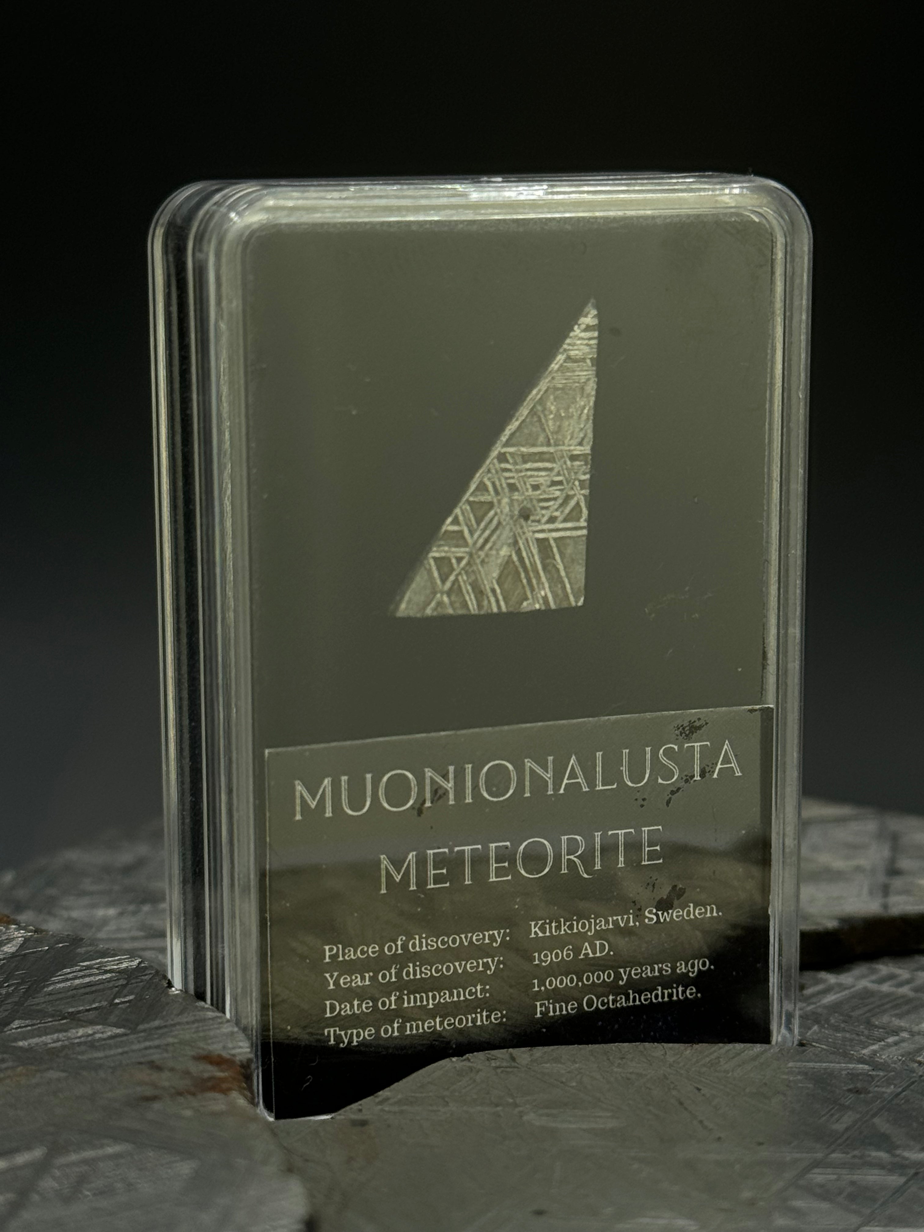 Muonionalusta meteorite, Sweden. 3 grams in Display box.