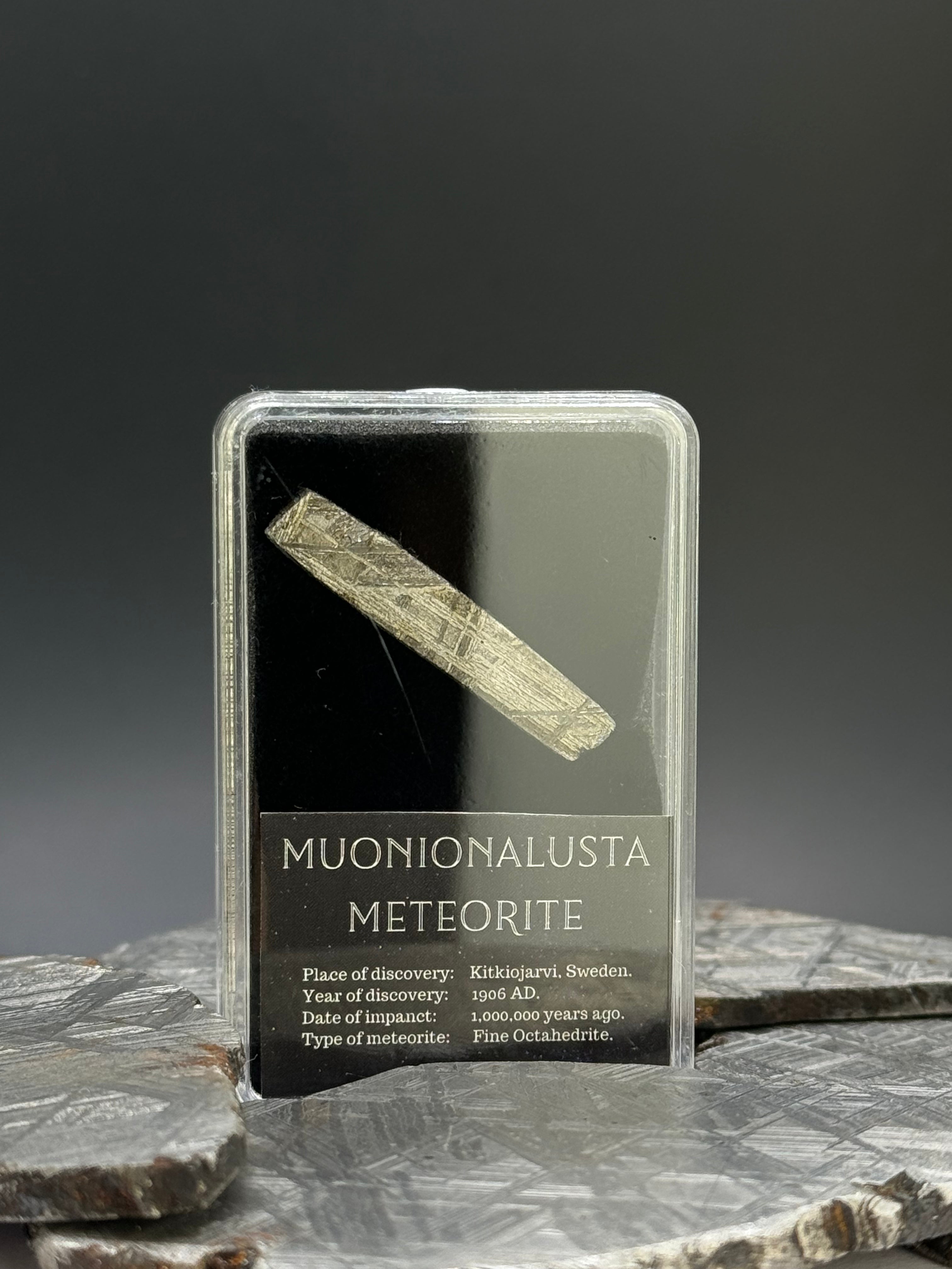 Muonionalusta Meteorite, Sweden. 5 grams in display box.