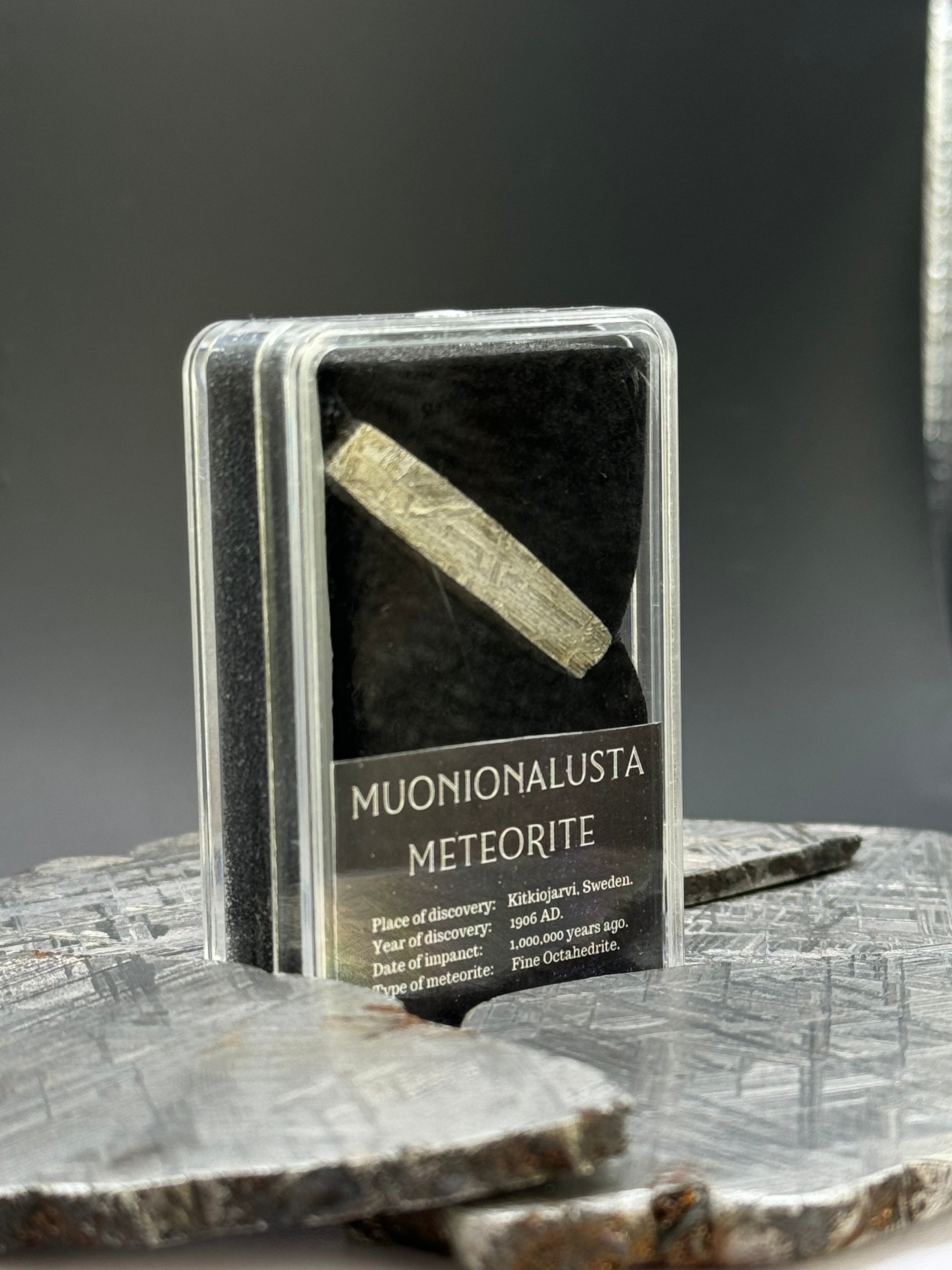 Muonionalusta Meteorite, Sweden. 5 grams in display box.