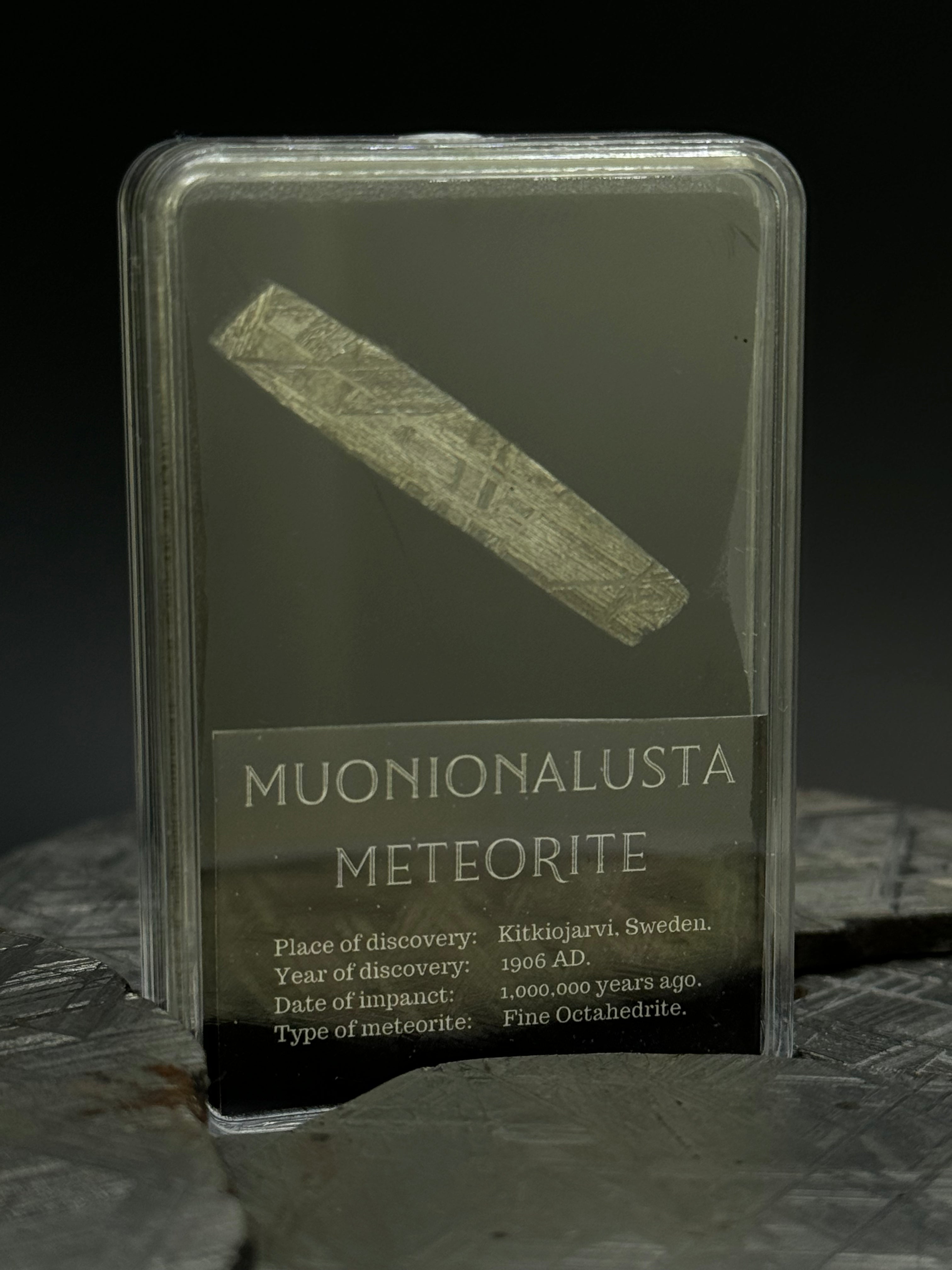 Muonionalusta Meteorite, Sweden. 5 grams in display box.