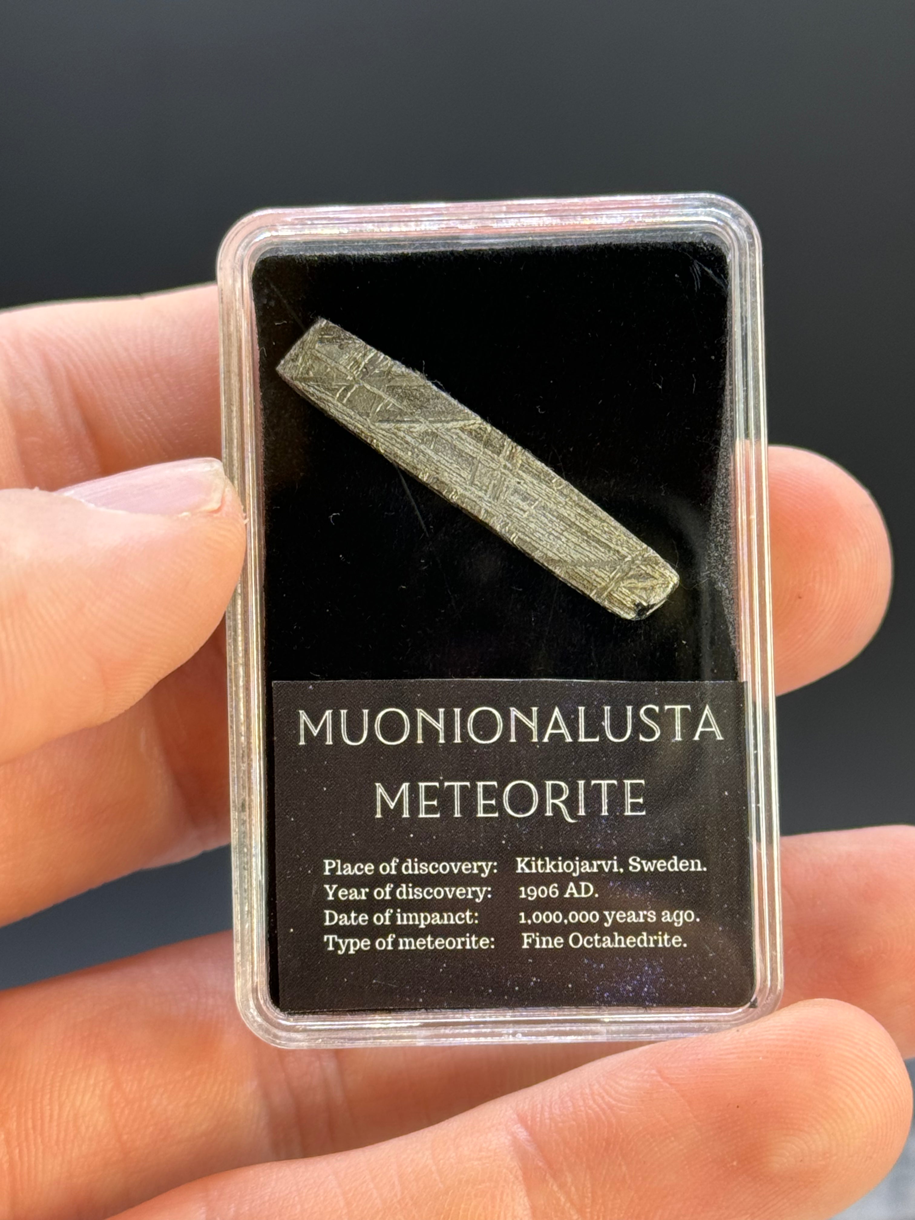 Muonionalusta Meteorite, Sweden. 5 grams in display box.