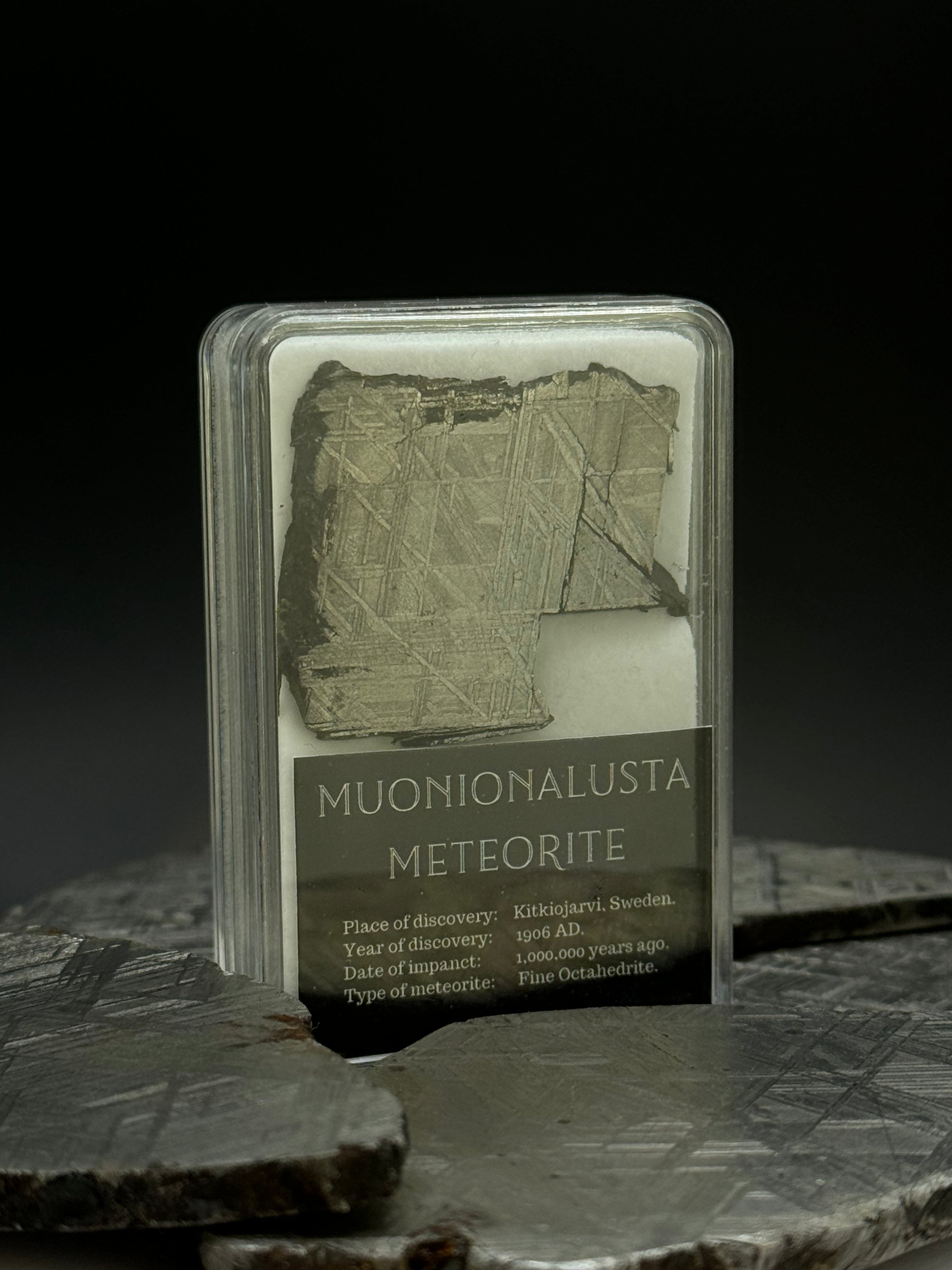 Muonionalusta meteorite, Sweden. 11,75 grams in Display box